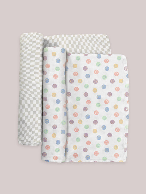 2-pack-square-swaddle-blanket-set-happy-baby-vibes jujube bags at sophiasstyle.com